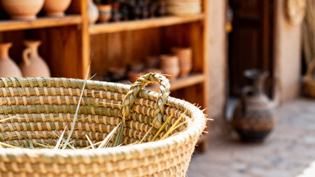 Traditional palm frond weaving technique close-up in heritage village settingの素材