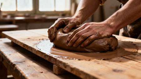 Artisan potter hands shaping clay on wheel in natural light heritage pottery workshopの素材