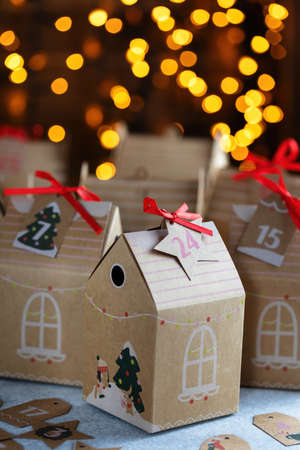 Advent calendar, cardboard boxes in the form of houses, copy spaceの写真素材