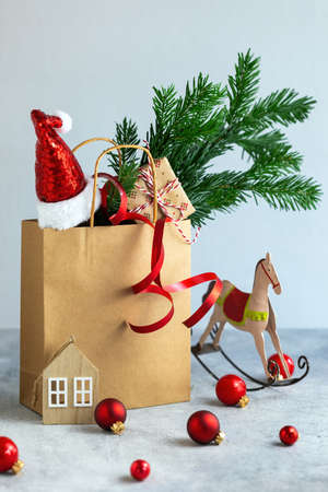Gift bag with toys for Christmas treeの写真素材