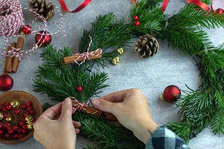 Christmas wreath making, decoration materials, diyの写真素材