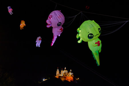 Cholula's Night Sky with Bright Kitesの写真素材