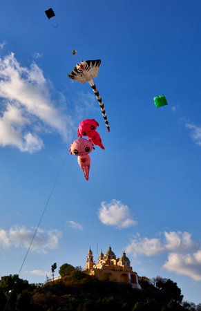 Kites in Cholula and the Church of Los Remediosの写真素材