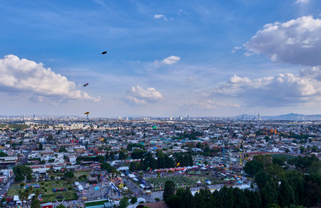 Kite festival on a sunny day in Cholula, general plan of the cityの写真素材