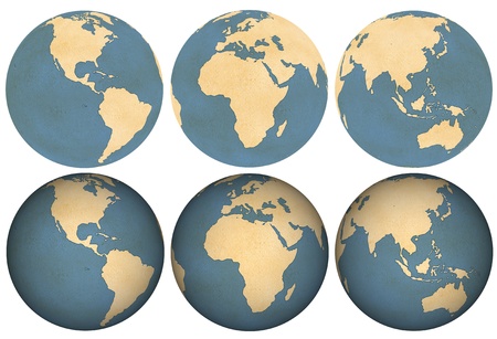 Three views of earth made of aged paper  Thee flat and three with shading  のeditorial素材
