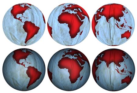 Three views of earth made of crumpled paper. Thee flat and three with shading. の写真素材