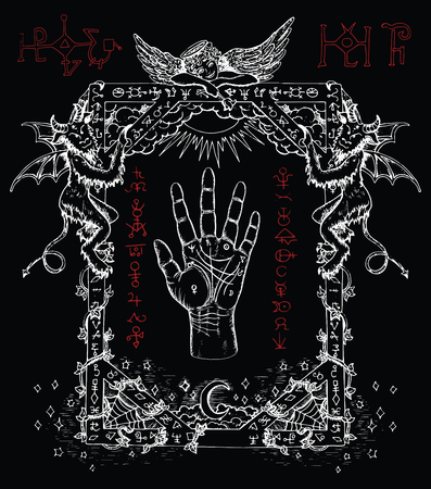 Magic frame with chiromancy palm, demons and angel.  Heaven and hell religious background. Sketch illustration with mystic and occult hand drawn symbols. Halloween and esoteric conceptのイラスト素材