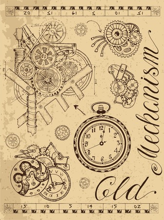 Old mechanism of clock in steampunk style on textured background. Hand drawn graphic illustration, sketch tattoo, retro technology collection with lettering, cogs, gear and wheelsのイラスト素材