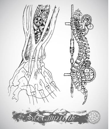 Human anatomy hand and backbone with vintage mechanism in steam punk style. Arm bones and retro machines. Hand drawn illustration, sketch tattoo, old black and white science set  with letteringのイラスト素材