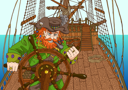 Pirate captain holding wheel on ships deck illustrationのイラスト素材