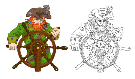 Pirate captain with red beard standing behind steering wheel vectorのイラスト素材