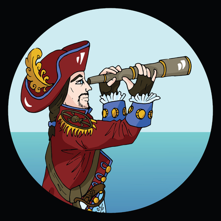 Round emblem with pirate captain wearing red hat and camisole on sea background, hand drawn illustrationのイラスト素材
