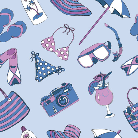 Colorful seamless background with objects for beach holidays, summer illustrationのイラスト素材