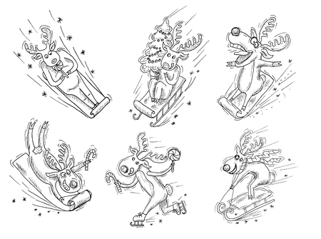Design set with crazy, funny Christmas deers on sledges, vintage illustration with hand drawn elementsのイラスト素材