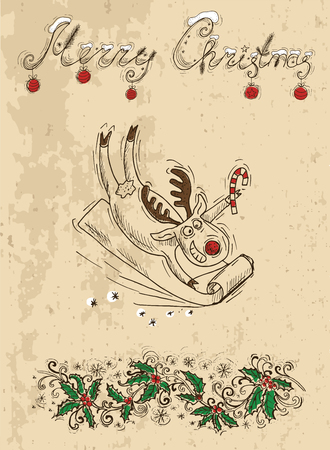 Christmas card with deer holding cane, vintage illustration with hand drawn elementsのイラスト素材