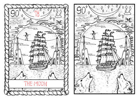 The moon. The major arcana tarot card, vintage hand drawn engraved illustration with mystic symbols. Old sailing ship, equilibrist, towers and two wolves crawling at the huge moon.のイラスト素材