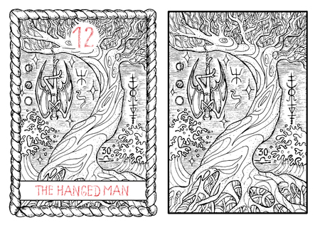 The hanged man. The major arcana tarot card, vintage hand drawn engraved illustration with mystic symbols. Vampire Dracula or demon hanging on the old tree.のイラスト素材