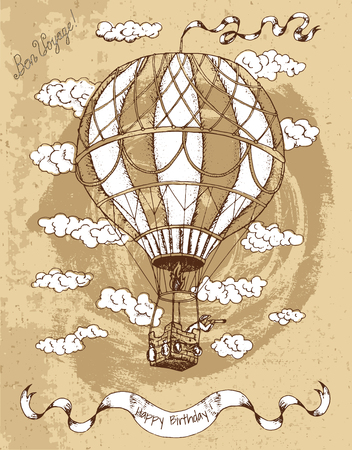 Vintage Happy Birthday Card With Hot Air Balloon Banner Text And