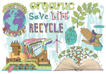 Colorful doodle set with eco icons: factory, globe, egg, human hand, book. Hand drawn line art symbols and illustrations, green world concept, environment protection themeのイラスト素材