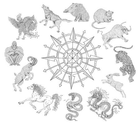 Graphic line art chart with zodiac animals isolated on white. Vintage holiday collection of new year calendar and horoscope engraved symbols.  Doodle illustrations, mystic and esoteric conceptの写真素材