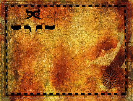 Antique border for old pirate map with banner, copy space, compass rose and old paper texture background. Hand drawn illustration with treasure hunt, vintage adventures and old transportation conceptの写真素材