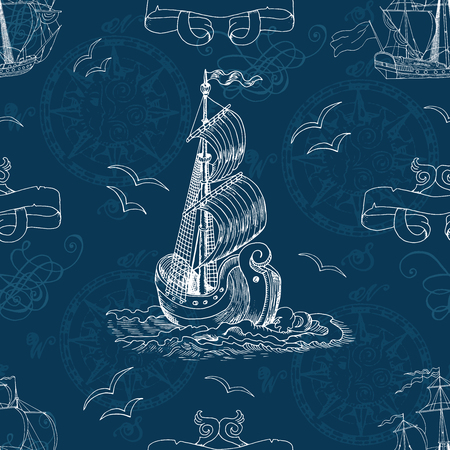 Seamless nautical background with old sailing ships, compass and gulls on blue. Endless vector illustrations with vintage adventures and old transportation designのイラスト素材