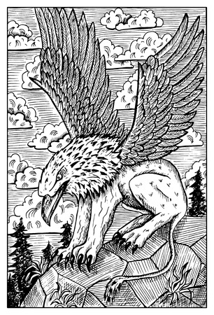 Gryphon or griffin. Monster with eagle head and lion body. Fantasy magic creatures collection. Hand drawn vector illustration. Engraved line art drawing, graphic doodle. Template for card game, posterのイラスト素材
