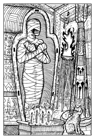 Mummy. Egyptian mythological character, demon in ancient tomb. Fantasy magic creatures collection. Hand drawn vector illustration. Engraved line art drawing, graphic mythical doodle. Template for card game, posterのイラスト素材