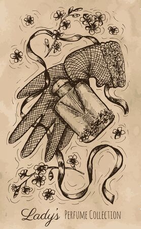 Graphic still life with glove, perfume bottle and flowers. Hand drawn engraved illustration. Vintage drawing in sketch styleのイラスト素材