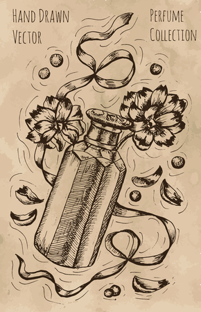 Graphic still life with perfume bottle, ribbon and flowers. Hand drawn engraved illustration. Vintage drawing in sketch styleのイラスト素材