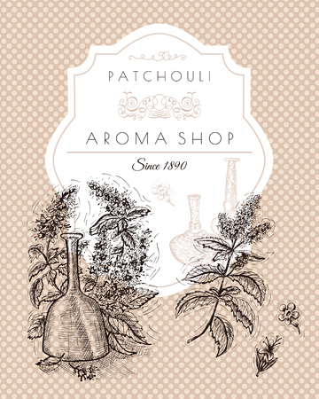 Vintage banner with patchouli still life. Hand drawn engraved illustration. Concept of beauty product packaging. Vector design elements for cards, bordersのイラスト素材