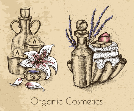 Graphic set with perfume bottles, candles, lily flower and spa accessories on texture background. Hand drawn engraved illustration. Natural cosmetics ingredients, vintage designのイラスト素材