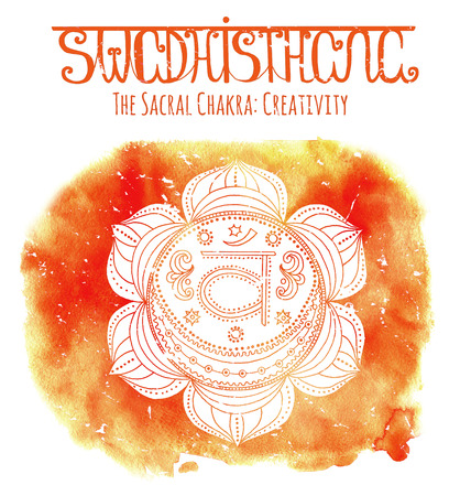 White silhouette of the sacral chakra on orange background with lettering. Hand drawn watercolor and graphic illustration, esoteric drawingsの写真素材