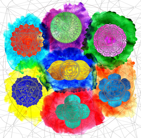 Colorful chart with chakras of human body against paint drops and net background. Hand drawn watercolor and graphic illustration, esoteric drawingsの写真素材