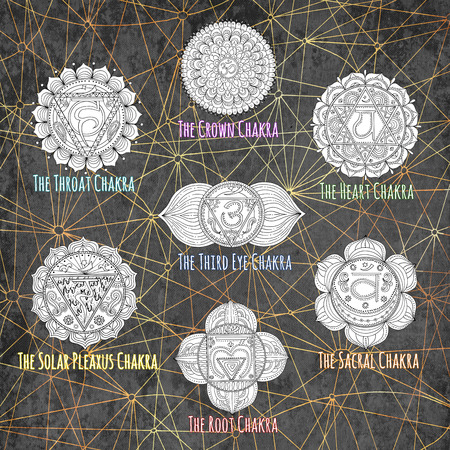 Abstract chart with white ornate chakras of human body. Hand drawn watercolor and graphic illustration, esoteric drawingsの写真素材