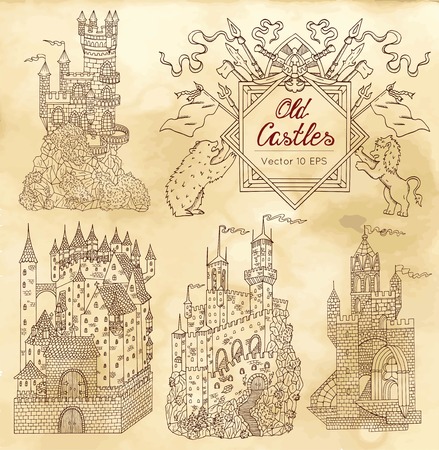 Hand drawn collection with gothic castles and victorian frame on textured background. Graphic vector illustration with vintage design elements. Suitable for invitation, greeting cardsのイラスト素材