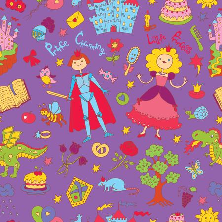 Seamless doodle background with colorful prince and princess concept on purple. Graphic vector illustration. Suitable for invitation, greeting cards designのイラスト素材