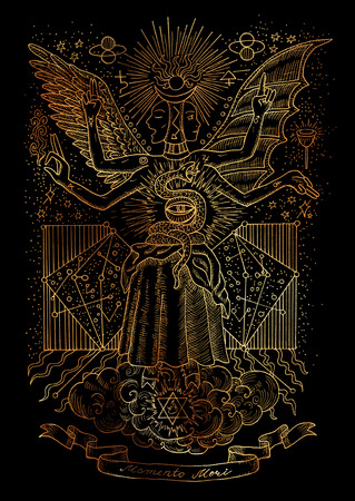 Mystic illustration of spiritual symbols, goddess of wisdom on black background. Occult and esoteric drawing, gothic and wicca concept. Latin text Momento Mori means Remember that you have to dieの写真素材