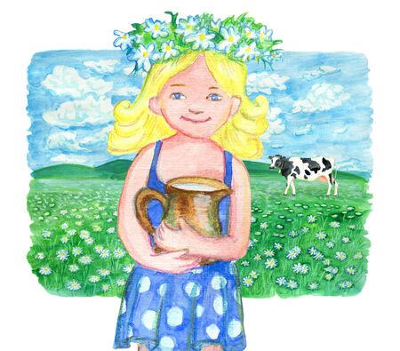 Beautiful little girl with pitcher of milk against the background of grassland with cow. Vintage rural background with summer landscape, watercolor illustration with design graphic elementsの写真素材