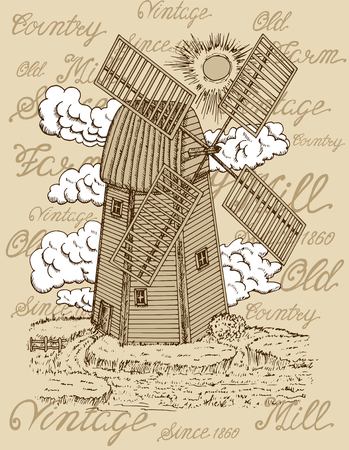 Old windmill with white clouds against the background with vintage lettering. Retro vector engraving, hand drawn design illustrations for label, poster. Rural farm conceptのイラスト素材