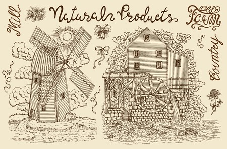 Vintage collection with old windmill, watermill and lettering. Vintage vector engraving, hand drawn design illustrations for label, poster. Rural farm conceptのイラスト素材