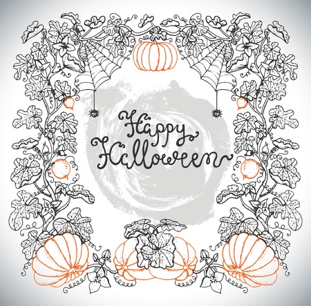 Silhouette of Halloween frame with pumpkins and lettering on textured background. Hand drawn illustration with design elementsのイラスト素材