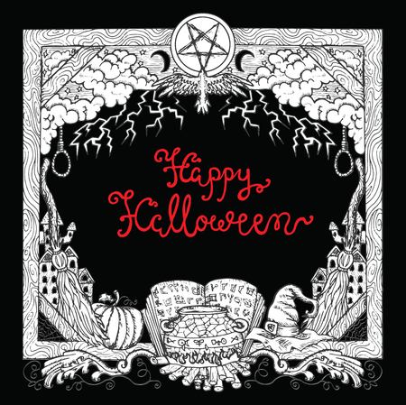 Halloween frame with traditional symbols and lettering on black background. Hand drawn illustration with design elementsのイラスト素材