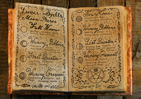 Old book with hand written lunar magic spells. Occult, esoteric, divination and wicca concept....