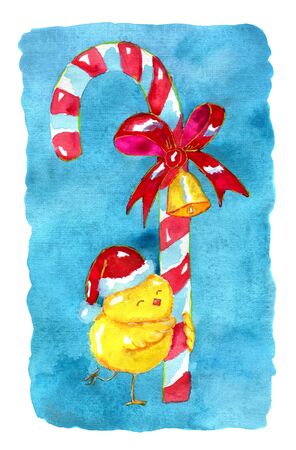 Cute chicken in Santa cap with Christmas cane on blue texture. Hand drawn illustration for poster, greeting card, invitationの写真素材