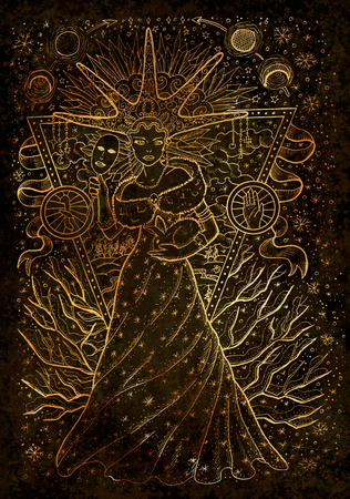 February month graphic concept. Hand drawn illustration on black texture. Beautiful queen of winter with mask and rabbit against the background with trees in snowの写真素材