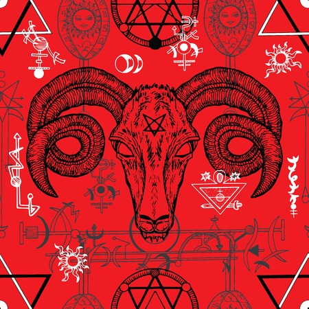 Seamless illustration with devil and death symbols on red, occult and spiritual mystic drawingsのイラスト素材