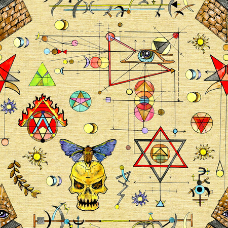 Seamless pattern with mystic and religious symbols on texture. Freemasonry and secret societies...