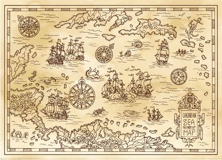 Ancient pirate map of the Caribbean Sea with ships, islands and fantasy creatures. Pirate adventures, treasure hunt and old transportation concept. Hand drawn vector illustration, vintage backgroundのイラスト素材