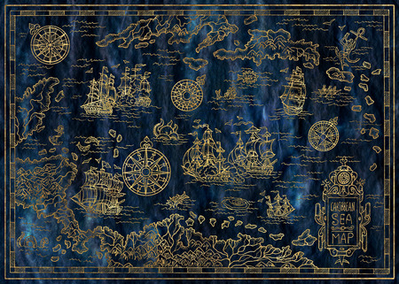 Hand drawn map of Caribbean Sea with fantasy elements, old ships, treasure islands. Pirate...